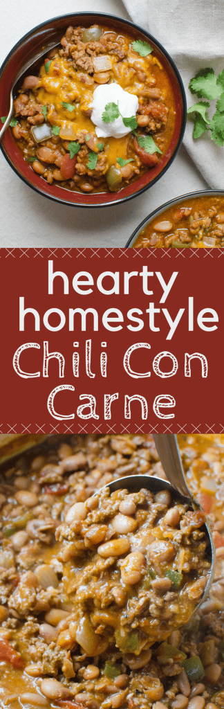 The best Hearty Homestyle Chili Con Carne recipe starts with dried New Mexico or Guajillo chile peppers & chipotles in adobo sauce! Welcome to flavor town. #chili #chiliconcarne #beans #groundbeef #NewMexicochiles #Guajillochiles #chipotle #adobo #pintobeans #chilifromscratch