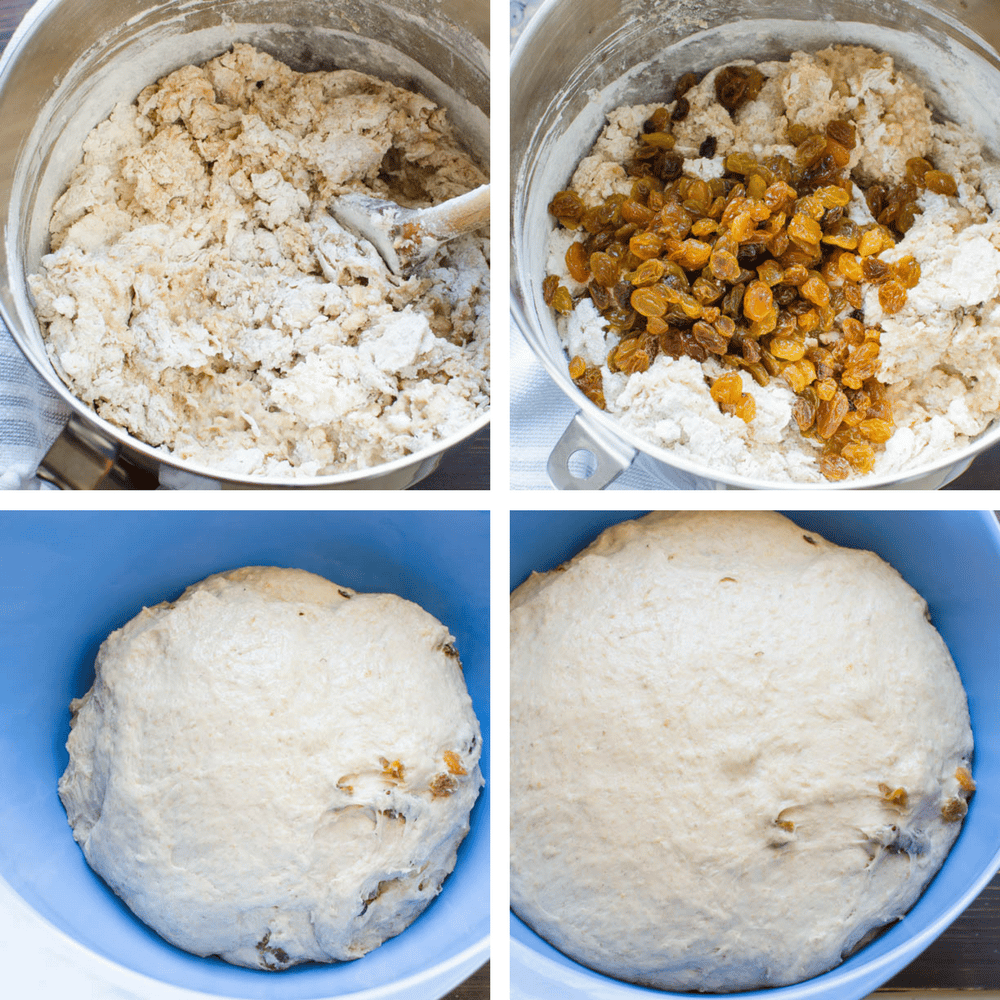 adding flour and raisins to the starter and letting dough rise.