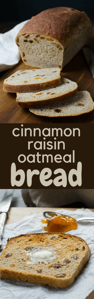Need a good raisin bread recipe? Cinnamon Raisin Oatmeal Bread is a simple, foolproof loaf that's hearty and delicious. Makes 2 large loaves. #homemadebread #raisinbread #cinnamonraisinbread #raisinbreadrecipe #bakingbread #baking #bread #breadrecipe #oatmealbread #maple #yeastbread #yeast #breakfast #toast