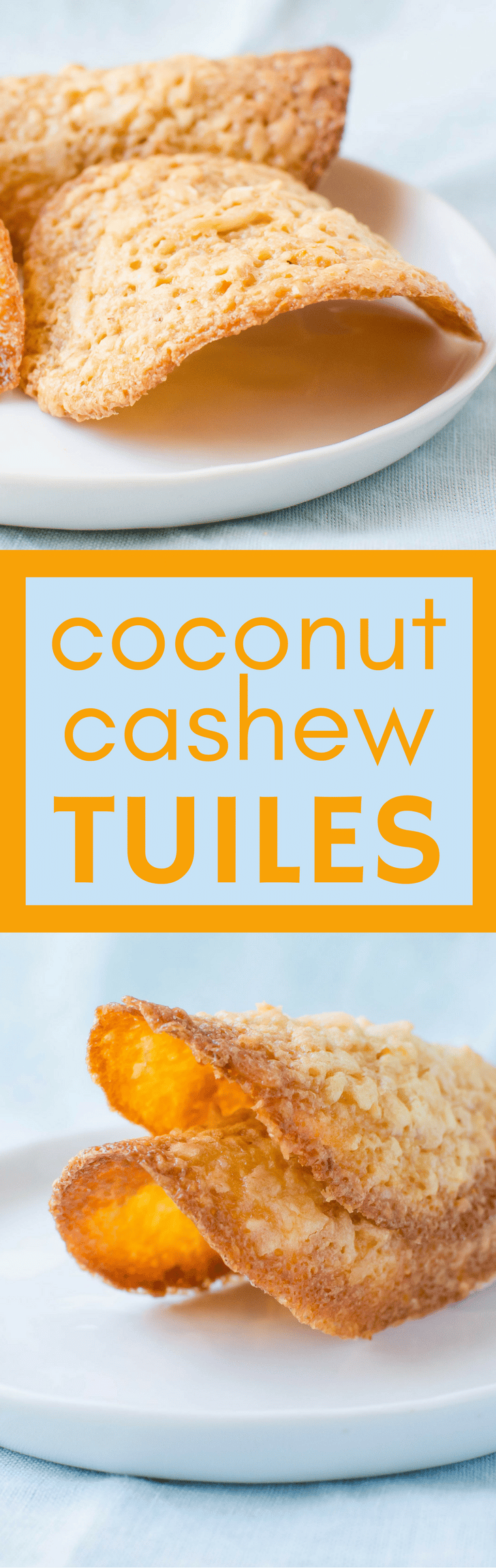 If you love tuile cookies, you'll love these Coconut Cashew Tuiles. This easy tuile cookie recipe shows you how to make tuiles with this everyday kitchen tool. #tuile #tuilecookies #cashew #coconut #coconutcookies #cashewcookies #cookies #tuilerecipe #coconutcookierecipe #cashewcookierecipe #rollingpin #shapedcookies