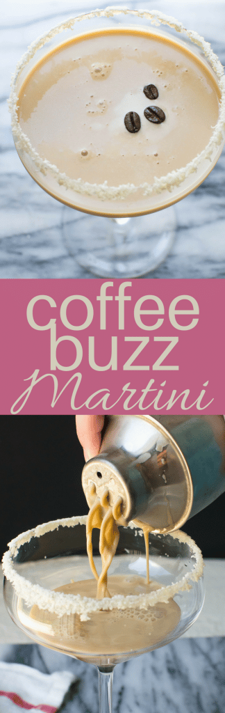 What do you get when you cross a classic vodka martini with fresh brewed coffee, half and half and a kahlua martini? A Coffee Buzz Martini with a white chocolate rim that will knock you off your feet! #martini #cocktail #shakenmartini #martinirecipe #coffeemartini #vodkamartini #sweetmartini #kahlua #halfandhalf #drinks #vodka #coffee