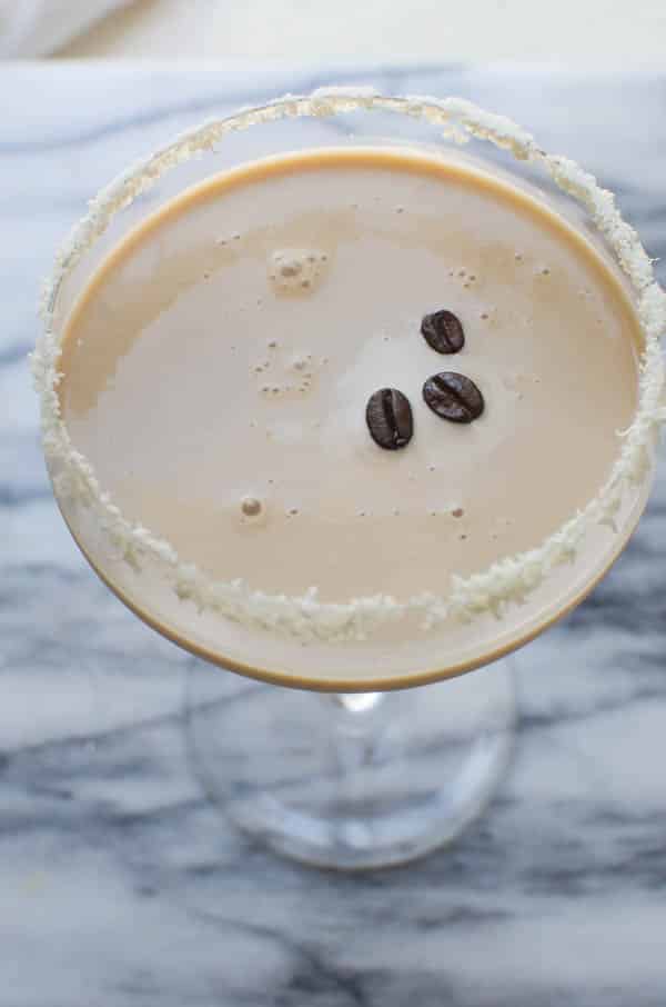 Coffee Buzz Martini in a coupe glass.