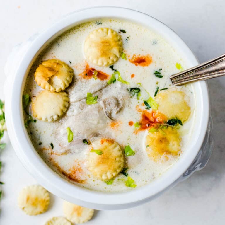 A steaming bowl of oyster stew.