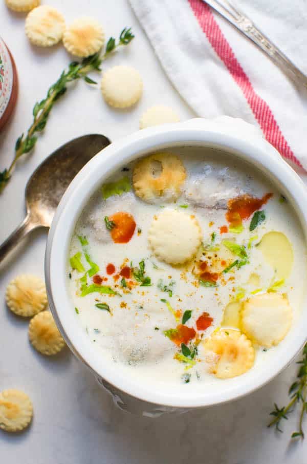 Classic Oyster Stew with oyster crackers.