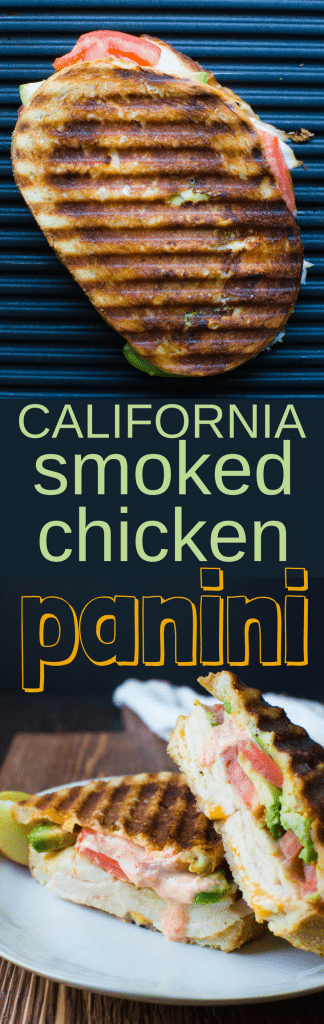 The BEST chicken panini recipe is ready in 15 minutes. California Smoked Chicken Panini is balanced & savory - not your ordinary smoked chicken sandwich with sweet pepper aioli, two kinds of cheeses, buttery, ripe avocado & juicy tomato sandwiched between crusty grilled sourdough. #sandwich, #panini #grilledcheese #grilledsandwich #smokedchicken #avocado #bellpepper #aioli #tomato #cheddar #mozzarella #paninipress #griddle #mayonnaise #lunch #quickdinner #hotsandwich #smokedchicken