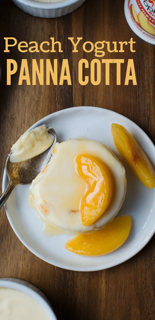 #AD Need an easy dessert recipe? This quick, simple custard only takes minutes to assemble. Peach Yogurt Panna Cotta is filled with fresh fruit with a creamy, silky texture. Serve with fresh peaches and honey! #yoplaitmorefruit #peachyogurt #yogurt #dessert #pannacottarecipe #yogurtpannacotta #peachpannacotta #easydessert #nobakecustard #gelatin #fruitdesserts #easypannacotta #honey #cream #peaches #vegetariandessert #vegetarian #schnapps #peachschnapps