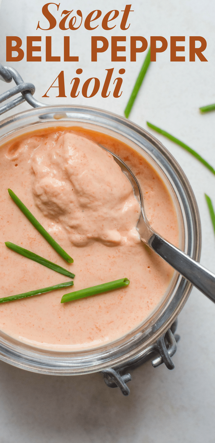 This easy aioli recipe is a breeze to make with only 3 ingredients! Sweet Bell Pepper Aioli is a delicious spread for sandwiches, dip for fries and sauce for grilled chicken or seafood. Gluten-free and paleo! #aioli #mayonnaise #aiolirecipe #redpeppers #roastedredpeppers #roastedpeppers #pimentos #saucerecipe #seafoodsauce #dippingsauce #sandwichspread #paleosauce #vegetariansauce #glutenfreesauce