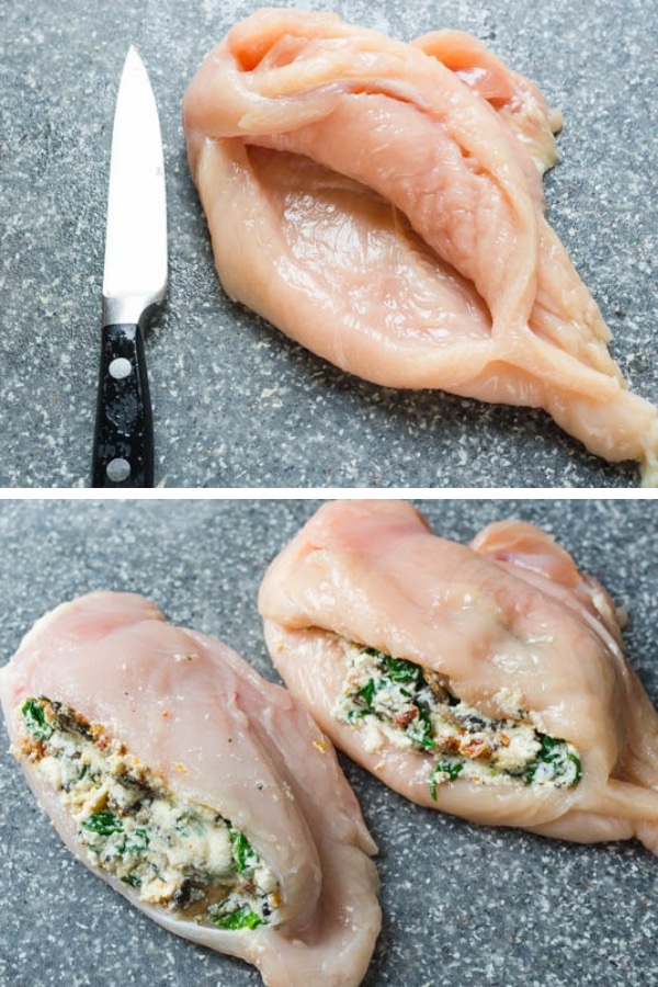 stuffing chicken breast with cheese and spinach.