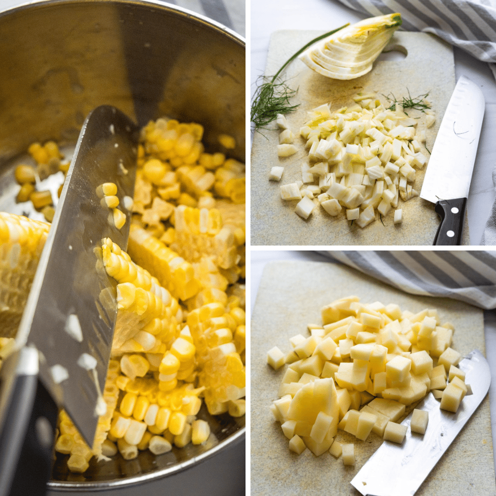 cutting corn off the cob, dicing fennel and potatoes.