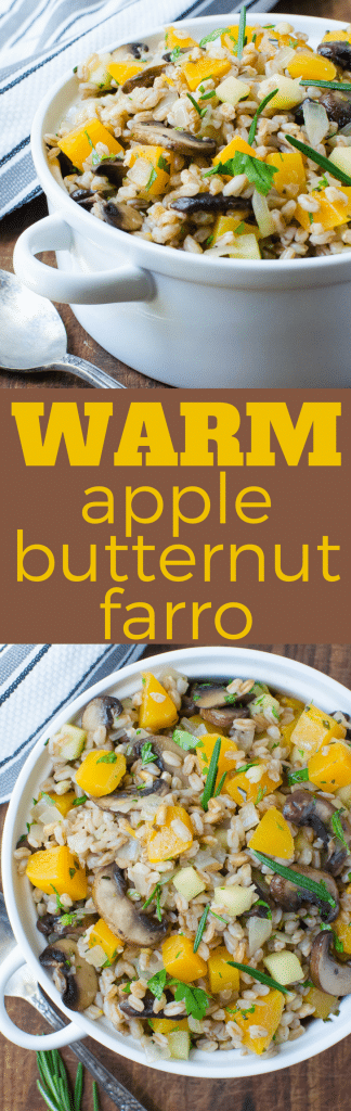 This is the perfect fall or winter side dish! Warm Apple Butternut Farro is easy vegetarian side dish recipe with mushrooms, butternut squash, apples and farro, a healthy ancient grain. A whole cinnamon stick lends a warm, cozy scent and flavor. #sidedish #easysidedish #wholegrains #wholegrainsidedish #pilaf #butternutsquash, #mushrooms #apples #cinnamon #rosemary #vegetarian #farro #ancientgrains #grains #farrorecipe #butternutsquashrecipe #pilafrecipe