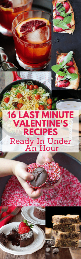 If you forgot to make your Valentine's reservations, Here are 16 Last Minute Valentine's Recipes all ready in under an hour. From Valentine's Cocktails, Valentine's Appetizers, special dinners for Valentine's and Valentine's Chocolate Desserts, pick one or two and feel the love. #valentinesdinners #valentinescocktails #valentinesdessert #valentineschocolate #valentinesrecipes #salmonrecipes #cocktailrecipes #campari #chartreuse #chocolate #moltenchocolatecake #lamb #porktenderloin #port #pasta #spaghetti #scallops #bruschetta #crostini #specialdinners #60minutemeals #lastminutevalentinesideas #chocolatefondue