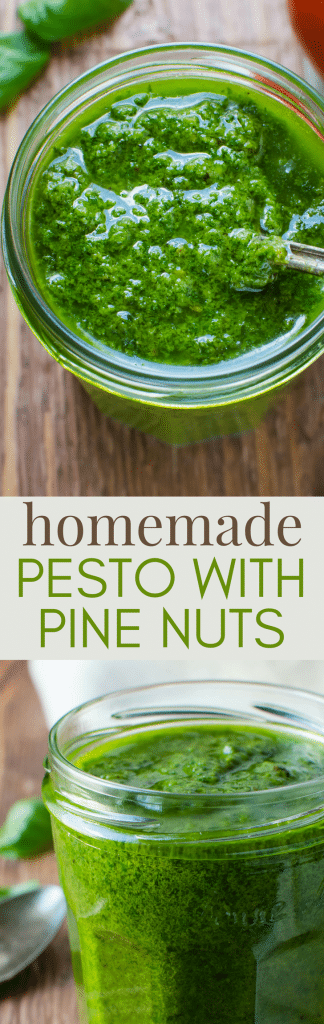 Need a good homemade pesto recipe? Pesto with Pine Nuts is a classic combination that's ready in minutes. This parmesan pesto sauce has a hit of red pepper flakes and lemon zest for a bright flavor and a bit of kick. Learn how to use pesto in a multitude of recipes. #pesto #pestosauce #homemadepesto #pinenutpesto #parmesanpesto #basilpesto #basil #pinenuts #parmesan #lemonzest #homemadesauces #herbsauce #pastasauce #nocooksauce #italiansauce