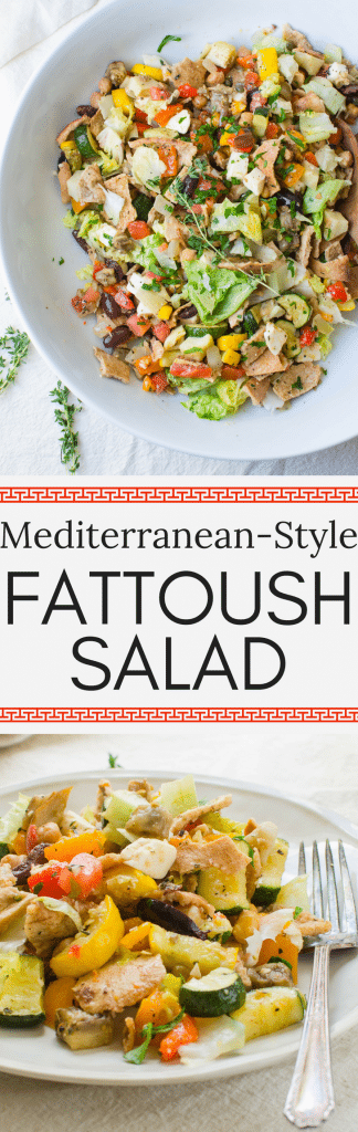 Inspired by Lebanese fattoush this inauthentic, but delicious Mediterranean-Style Fattoush Salad recipe has the best way to cook eggplant. Learn how to make fattoush as a great vegetarian or vegan main dish or fresh side dish to grilled foods. #fattoush #fattoushsalad #pitabread #pitasalad #panzanella #zucchini #eggplant #howtoroastvegetables #howtocookeggplant #fattoushsaladrecipe #breadsaladrecipe #roastedvegetables #fennel #homemadedressing #homemadevinaigrette #lemonvinaigrette #lemonherbdressing #vegetarian #vegan #zucchini #peppers #chickpeas #garbanzobeans 