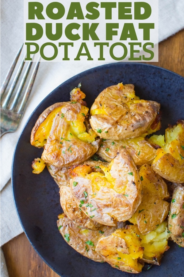 Duck Fat Roasted Potatoes are an easy, decadent side dish for all your roasts, grills and pan sautés. Super simple to make and always delicious! #duckfatpotatoes #duckfatrecipes #duckfatroastedpotatoes
