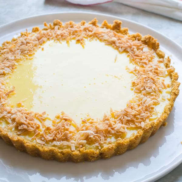 baked calamondin pie with toasted coconut around the rim.
