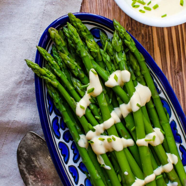 a platter of creamy dijon asparagus.