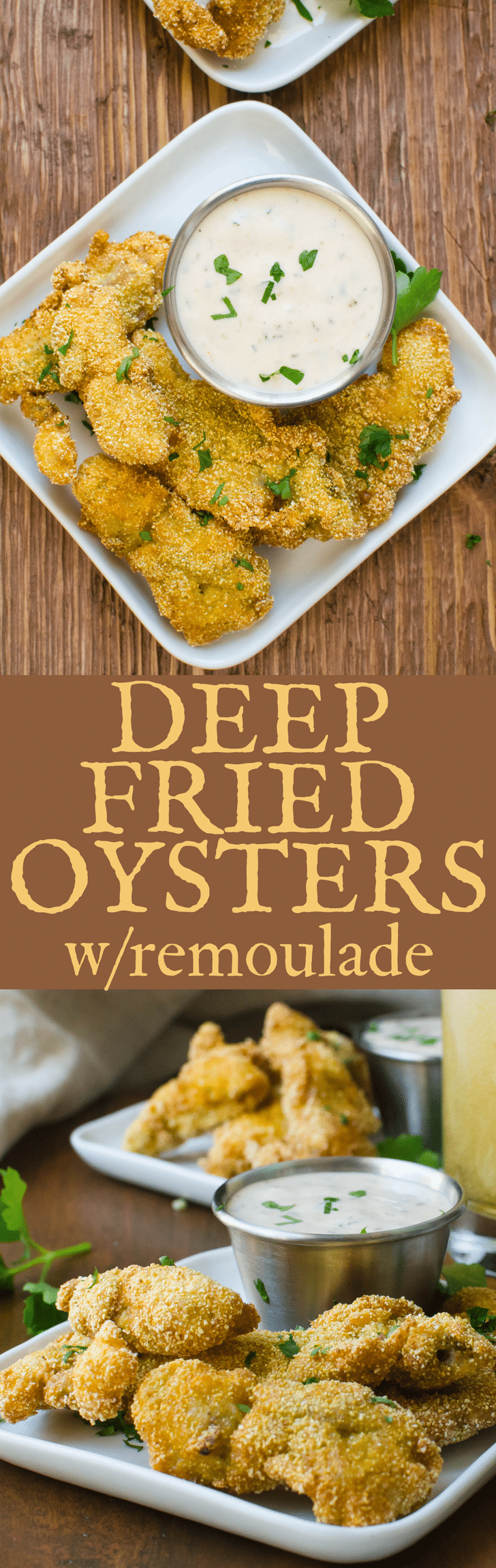 If you like fried seafood, you'll love these Deep Fried Oysters with Remoulade. This simple oyster appetizer with easy remoulade sauce is like a weekend trip to the shore. #oysters #friedoysters #deepfriedoysters #cornmealfriedoysters #cornmealcrustedoysters #friedseafood #appetizer #seafoodappetizer #friedseafoodappetizer #friedoysterappetizer #oysterrecipe #friedoysterrecipe #howtomakeremouladesauce #remoulade #remouladesauce #howtofryoysters