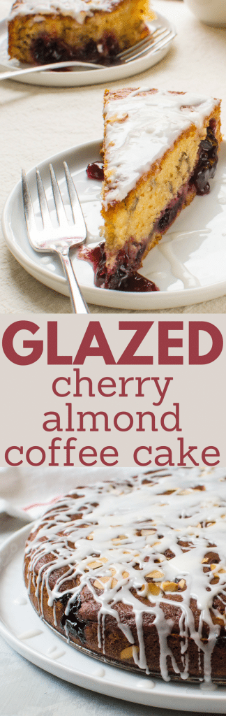 Need a homemade coffee cake for brunch? Glazed Cherry Almond Coffee Cake is always a favorite! Perfect for Easter Brunch or Mother's Day breakfast in bed, this moist coffee cake recipe is a showstopper. #coffeecake #dessert #cake #cherries #almonds #easter #mothersday #cherrycoffeecake #almondcoffeecake #coffeecakerecipe #christmas #valentinesday #breakfast #brunch #glazed