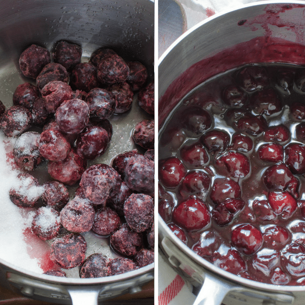 before and after: making cherry compote from frozen cherries.