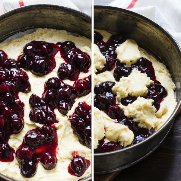 side by side photos of layering batter and cherries into a cake pan.