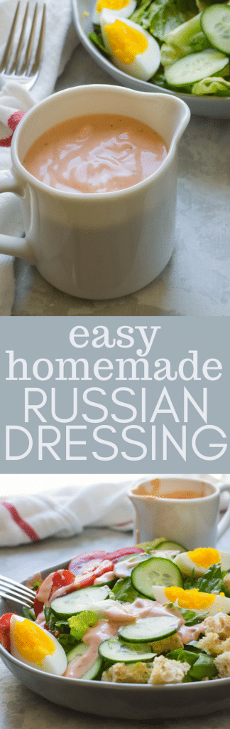 need a good Russian salad dressing recipe? This easy homemade Russian dressing only needs 4 ingredients and five minutes and this Russian dressing recipe is good on salads, burgers and of course, Reuben sandwiches! #russiandressing #saladdressing #saladdressingrecipe #dressingrecipe #homemadesaladdressing #easysaladdressing #specialsauce #dressingforreubens #reubens #creamydressing #creamydressingrecipe