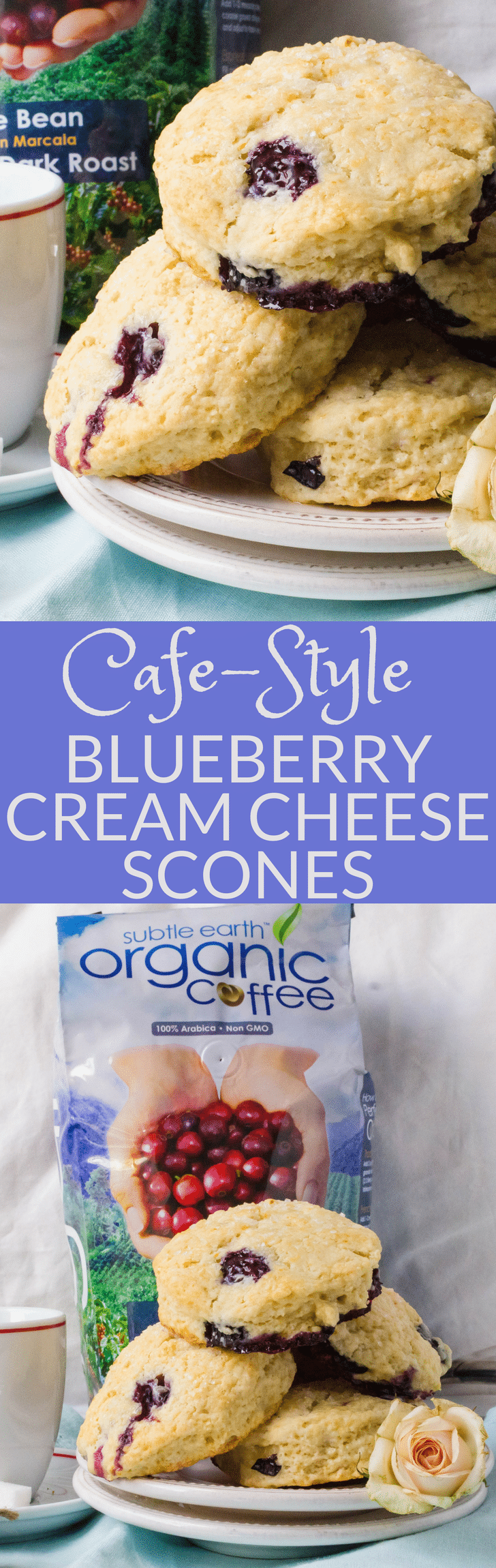 #ad If you love homemade scones, then Blueberry Cream Cheese Scones are for you! These baked scones have butter, cream cheese and fresh berries for the best blueberry scones for weekend brunches or celebrations. This easy baked scones recipe feeds a crowd. #scones #blueberryscones #creamcheesescones #bakedscones #brunch #breakfast #sconesrecipe #howtomakescones #blueberries #biscuits #mothersdayrecipe #4thofjulyrecipe #coffeehouse #coffee #cafedonpablo #subtleearthorganiccoffee #donpablocoffee 