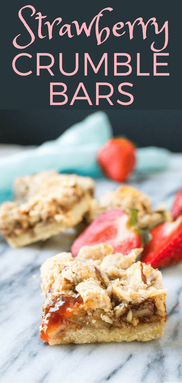These easy bar cookies will be a hit with the family! Strawberry Crumble Bars have a jam filling and cinnamon crumble. Not your average shortbread bars with jam and perfect for potlucks, picnics and barbecues. #barcookies #cookies #shortbreadbars #jam #streusel #cinnamonstreusel #cinnamoncrumble #strawberrybars #easystrawberrybars #3layerstrawberrybars #3layercookies #3layerbarcookies #strawberryjam #dessert #dessertforpicnics #dessertforbarbecues #dessertforpotlucks 