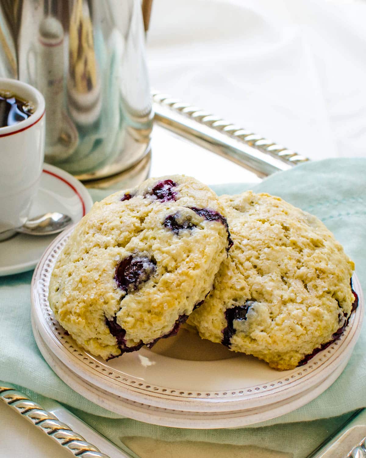 A plate of blueberry scones served for breakfast in bed.