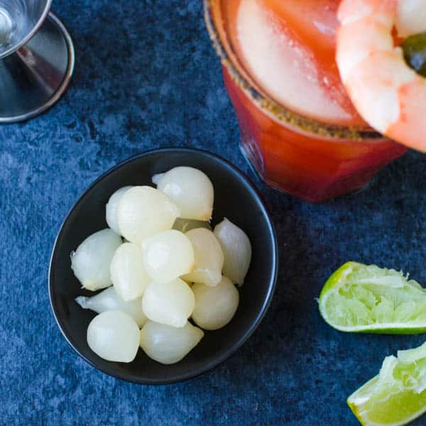 pickled onions, limes and Clamato Bloody Mary.