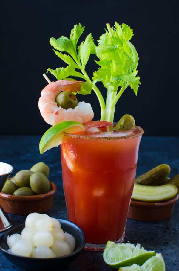 Clamato Bloody Mary with garnishes.