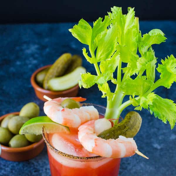 Clamato Bloody Mary with skewer of garnish.