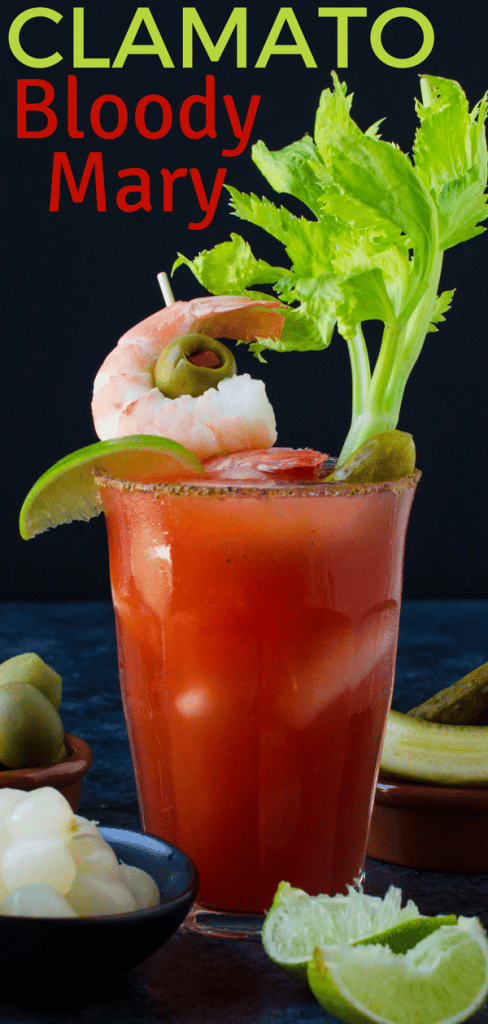 Clamato juice adds a seafood twist to this Bloody Mary recipe, but it's the Bloody Mary garnish that makes it really special! Poached extra large shrimp along with an Old Bay rim make this Clamato Bloody Mary extra special. #bloodymary #clamato