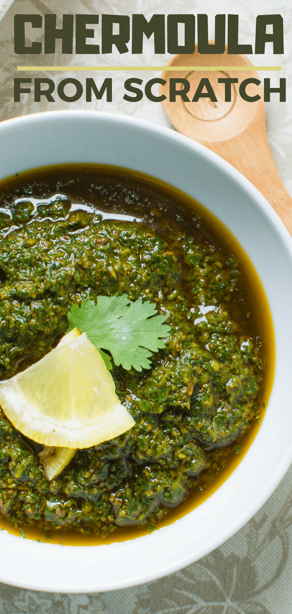 Chermoula sauce is a traditional North African condiment that livens up simple protein and vegetable dishes with a chermoula spice mix of coriander, cumin, garlic, cilantro, parsley, paprika and cayenne with a few other optional spices. Learn how to make make this chermoula recipe - 2 ways. It's easy! #chermoula #sauce #condiments #chermoulasauce #chermoularecipe #cumin #coriander #parsley #cilantro #paprika #cayenne #sauceformeat #relish #moroccanfood 
