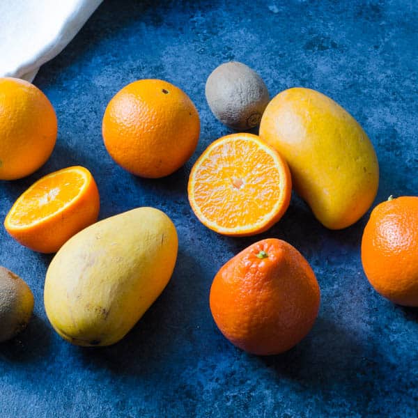oranges, mangoes, and kiwis