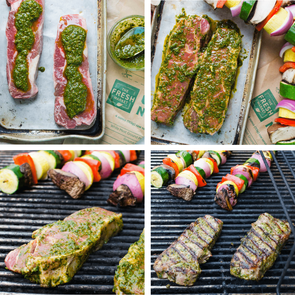 steps for marinating and grilling strip steaks and vegetable kebabs.