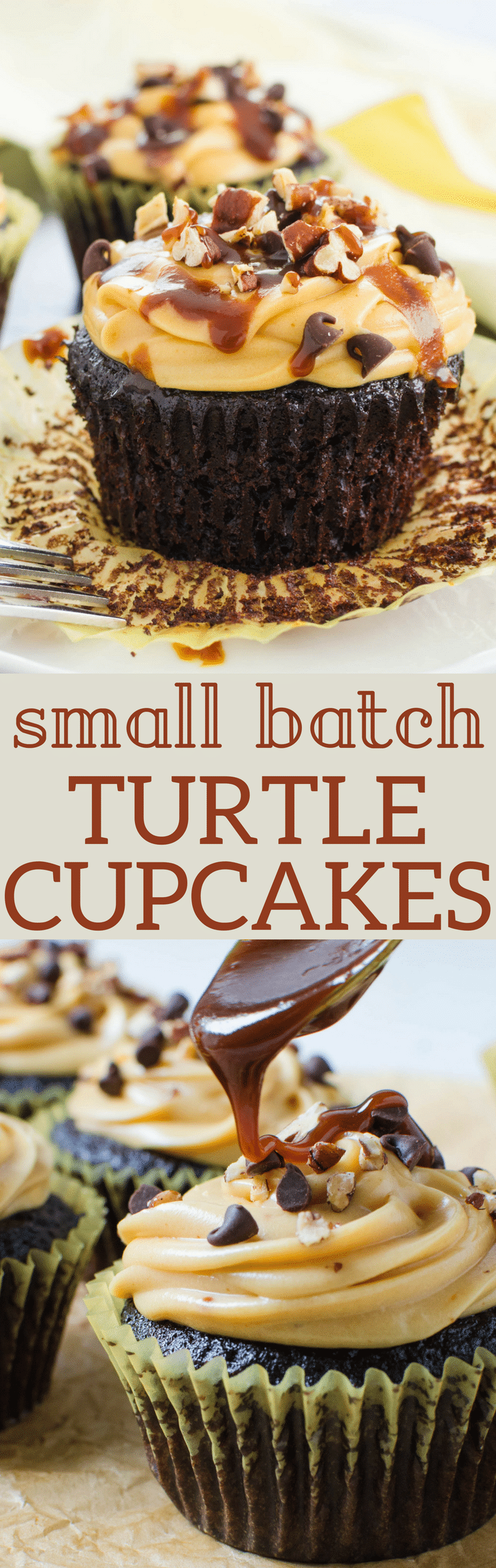 These small batch cupcakes are worth the effort, with Caramel Cream Cheese Frosting, chopped pecans, mini chips and caramel drizzle, these turtle cupcakes are great for small celebrations. Small batch turtle cupcakes recipe can be doubled or quadrupled to celebrate with a crowd, too! #cupcakes #smallbatch #smallbatchcupcakes #chocolatecupcakes #chocolate #caramel #pecans #caramelfrosting #creamcheesefrosting #turtlecake #turtlecupcake #chocolatecake #homemadecupcakes