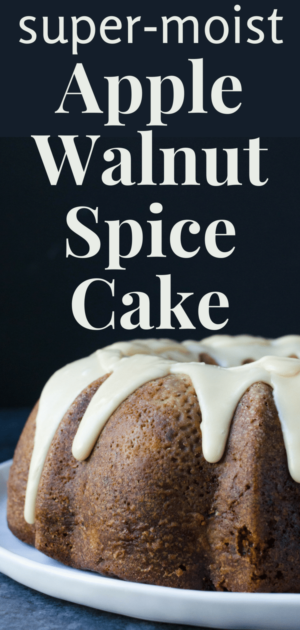 Want a richly spiced apple bundt cake recipe? A moist apple cake that's studded with fruit and nuts? This apple walnut cake with maple glaze is it! A great fall dessert. #applebundtcakerecipe #moistapplecake #applewalnutcake #mapleglaze #apples #appledessert #applecake #walnuts #walnutcake #maple #maplefrosting #crystallizedginger #goldenraisins #wholewheatflour #buttermilk #bundtcake #bundtcakerecipe #fallcakerecipe #falldessert