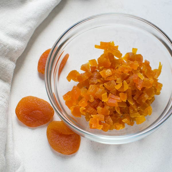 chopped apricots in a bowl.