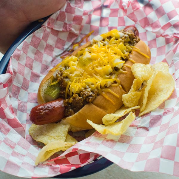 a guy-made chili cheese dilly dog.
