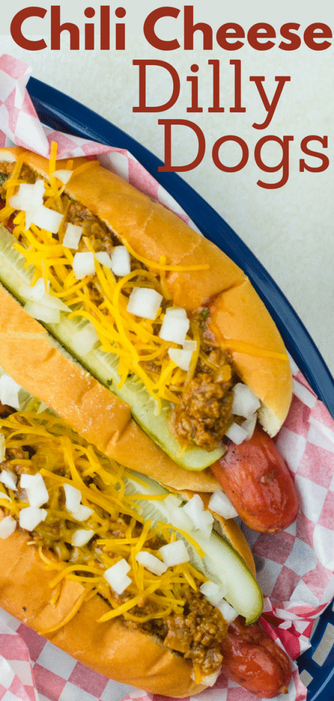 This chili cheese dog recipe uses a homemade hot dog meat sauce & other classic hot dog toppings for the epitome of comfort food. A Chili Cheese Dilly Dog. #chili #chilidog #hotdogchili #chilicheesedog #hotdogs #grilledhotdogs #hotdogtoppings #4thofjuly #memorialday #laborday #picnic #barbecue #potluck #cheese #dillpickles #dillydog #cheesedog #onions #chiliforchilidogs #hotdogchili 