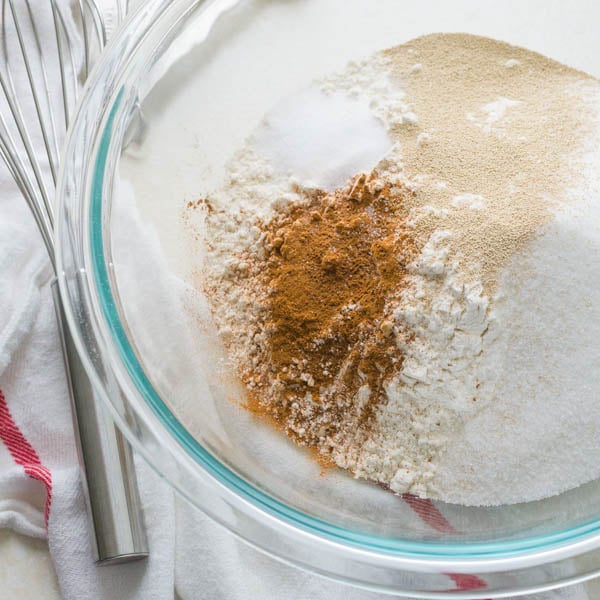 flour, cinnamon yeast in a bowl.