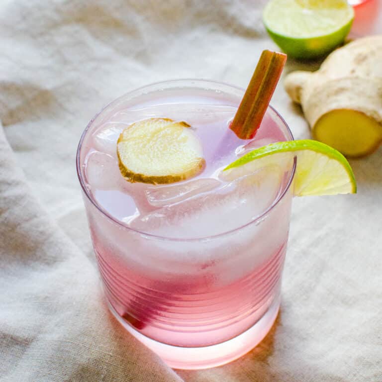 A gin rickey with rhubarb ginger simple syrup.