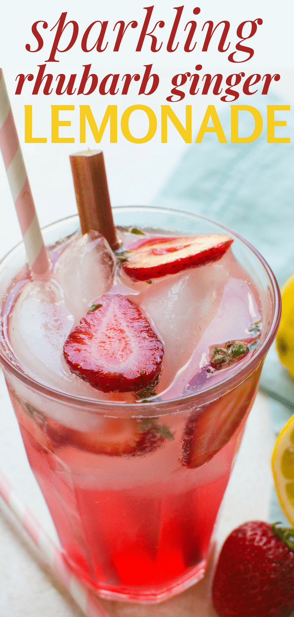 This eye-opening sparkling rhubarb ginger lemonade recipe refreshes and quenches. A blush colored simple syrup takes this flavored lemonade over the top. #easyhomemadelemonade #homemadestrawberrylemonade #rhubarblemonade #gingerlemonaderecipe #sparklinglemonade #summerdrinks #nonalcoholicdrinks #mocktails #mocktail #lemonademocktail #lemons #rhubarb #ginger #clubsoda #sparklingwater #simplesyrup