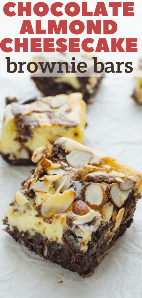 Anyone who loves homemade fudge brownies should be completely smitten with marbled cheesecake brownies, right? Chocolate Almond Cheesecake Brownie Bars-omg! #brownies #fudgebrownies #brownierecipe #marbledcheesecakebrownies #cheesecakebrownies #homemadebrownies #homemadefudgebrownies #cheesecake #swirledbrownies #chocolate #bars #barcookies #fudgebars #chocolatechips #dessert #baking #bakingrecipe #cocoa #creamcheese #tailgate #tailgating #tailgatedesserts #dessertsthattravel