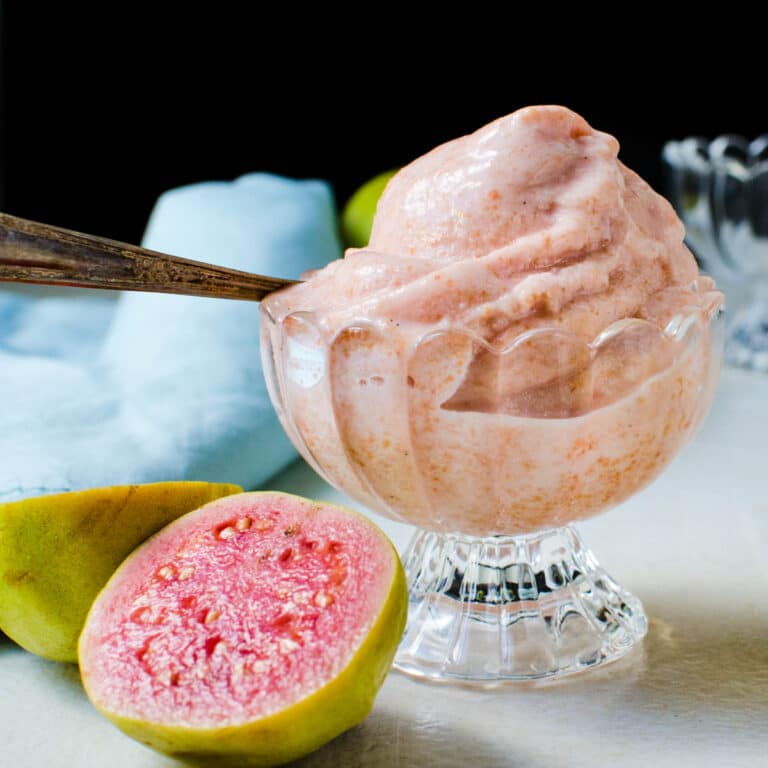 guava sherbet in a glass dish.