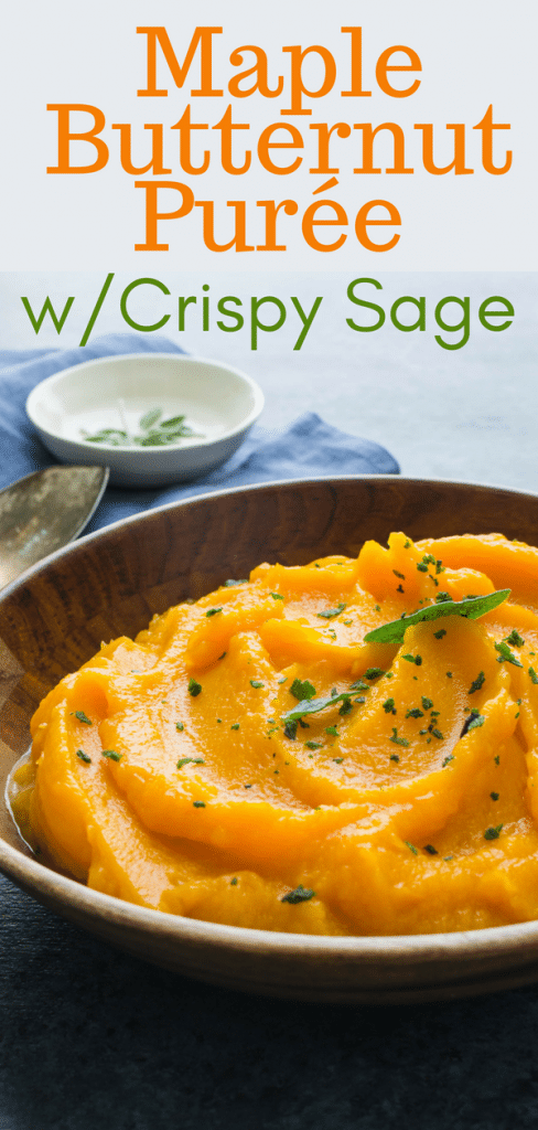 If you love mashed vegetables, this butternut puree will be your favorite easy side dish recipe. A squash mash, seasoned w/maple & crispy fried sage leaves. #butternutsquash #butternutsquashrecipes #mashedbutternutsquash #mashedvegetables #squashmash #easysidedishrecipes #sage #maple #fallsidedish #vegetariansidedish #vegansidedish #autumn #thanksgivingsidedish #christmassidedish #fallsidedish #mashedsquash #mashedbutternut