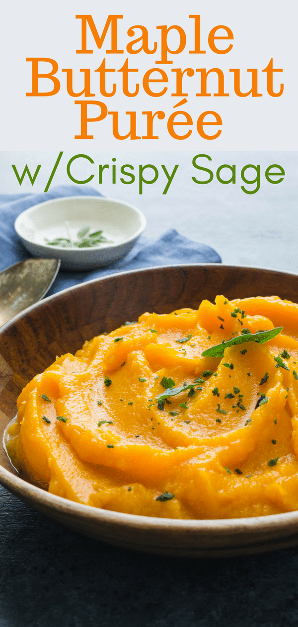 If you love mashed vegetables, this butternut puree will be your favorite easy side dish recipe. A squash mash, seasoned w/maple & crispy fried sage leaves. #butternutsquash #butternutsquashrecipes #mashedbutternutsquash #mashedvegetables #squashmash #easysidedishrecipes #sage #maple #fallsidedish #vegetariansidedish #vegansidedish #autumn #thanksgivingsidedish #christmassidedish #fallsidedish #mashedsquash #mashedbutternut