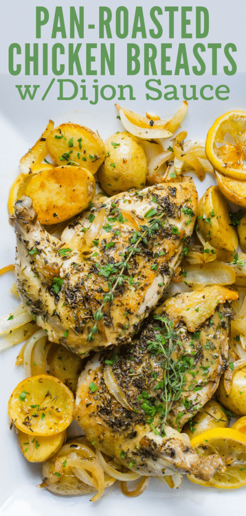 Love chicken with wine sauce? These Pan Roasted Chicken Breasts with Dijon Sauce are the best baked chicken breasts ever. Very moist chicken breast recipe. #chicken #chickenbreast #bakedchicken #roastchicken #panroast #panroastchicken #herbesdeprovence #dijonsauce #chickenwithwinesauce #bestbakedchickenbreast #moistchickenbreast #easybakedchicken #winesauce #dijonwinesauce #dijongravy #roastedpotatoes #onions #roastedonions