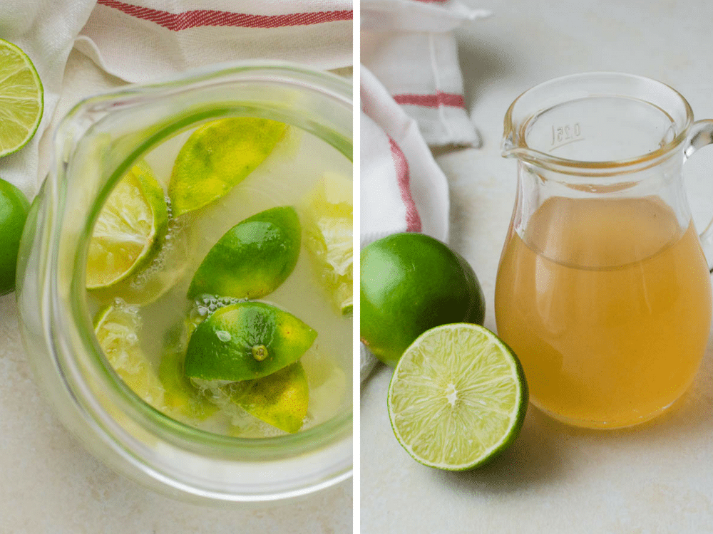 adding water and guava vanilla simple syrup to limeade.