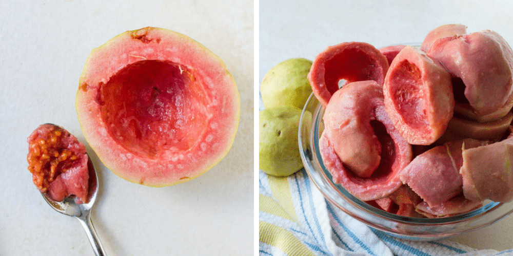 processing guava, scooping seeds and cutting into chunks.
